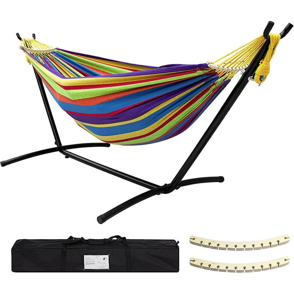 Double Hammock with Stand Included 450lb Capacity Steel Stand, Premium Carry Bag Included.Indoor Outdoor Brazilian-Style Cotton Bed for Backyard, Camping,Garden,Green