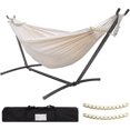 thumbnail image 1 of Double Hammock with Stand Included 450lb Capacity Steel Stand, Premium Carry Bag Included.Indoor Outdoor Brazilian-Style Cotton Bed for Backyard, Camping,Garden,Green, 1 of 12