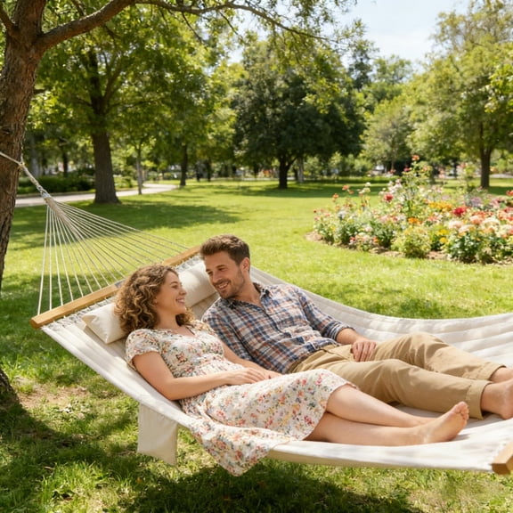 Double Hammock Swing Quilted Double-Layer with 160g Padding Beechwood Spreader Bar 440 LBS Capacity Cream White & Natural Wood Indoor Outdoor Use