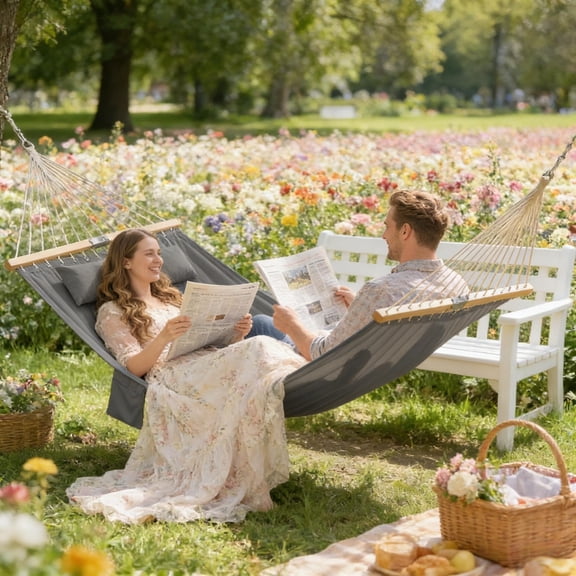 Double Hammock Swing Quilted Double-Layer with 160g Padding Beechwood Spreader Bar 440 LBS Capacity Gray & Natural Wood Indoor Outdoor Use