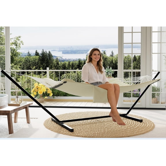 Double Hammock For Two People, Double Hammock With Stand And Pillow, Max 450 Lbs Capacity With Balance Rope, Large Hammock For Outside Patio Backyard Poolside