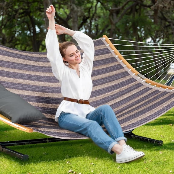 Double Hammock With Stand Dark Gray Stripes For Outdoor Camping and Relaxation