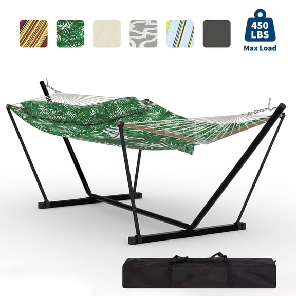 Double Hammock with Adjustable Steel Frame, 2 Detachable Pillows, Heavy Duty 450 lbs Capacity.