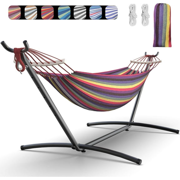 Double Hammock with Heavy-Duty Steel Stand,Portable,Easy Assembly,600lbs Weight Capacity,Outdoor-Rainbow