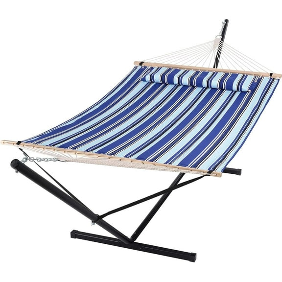 Double Hammock with Metal Stand, 2-Person Cotton Fabric Hammock, Heavy-Duty Indoor/Outdoor Relaxing Lounger, 450 lbs Capacity, Widened Design, Blue