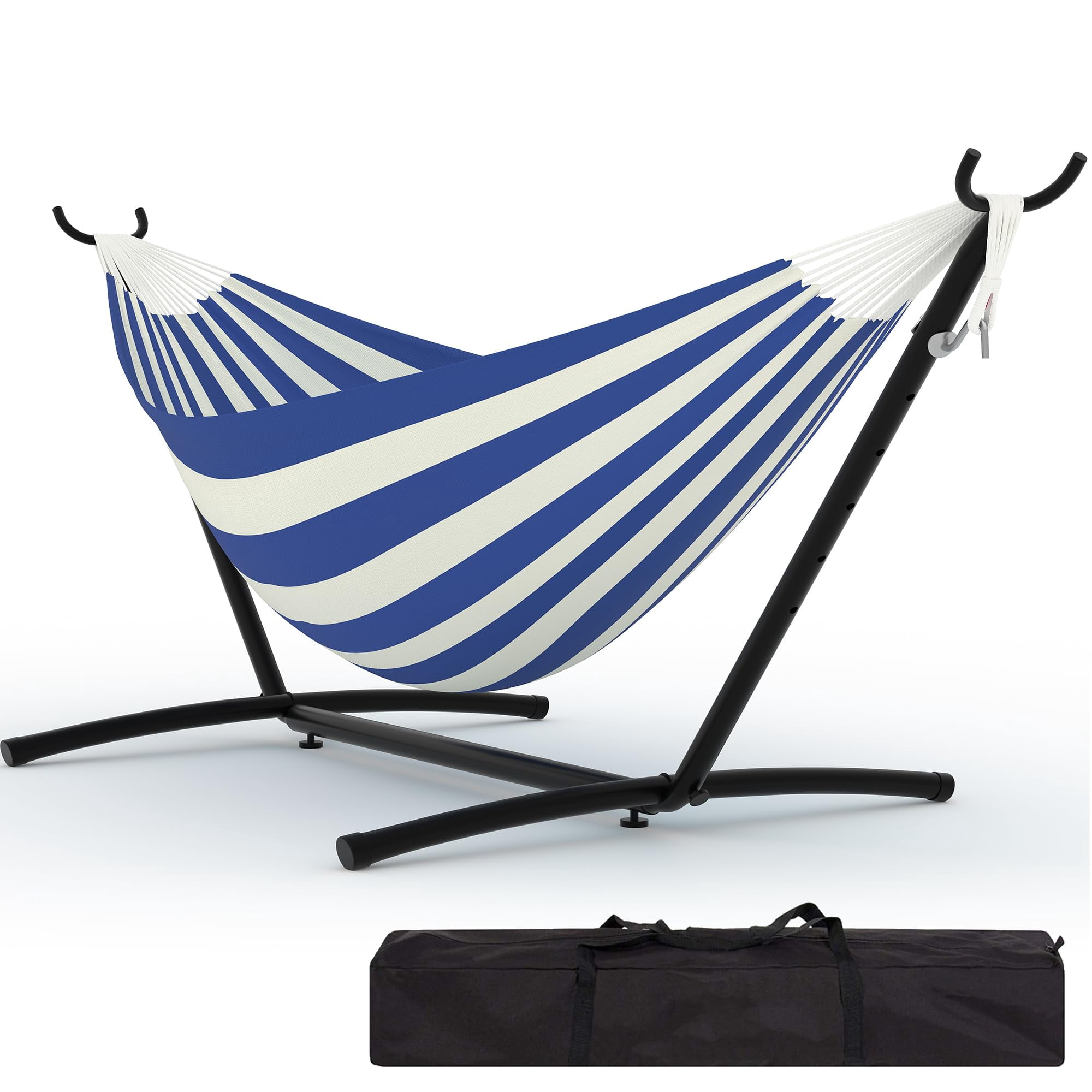Double Hammock with Space Saving Steel Stand, 450 lbs Capacity Portable Hammock with Carrying Bag for Indoor Outdoor Patio Yard, Blue & White Stripes