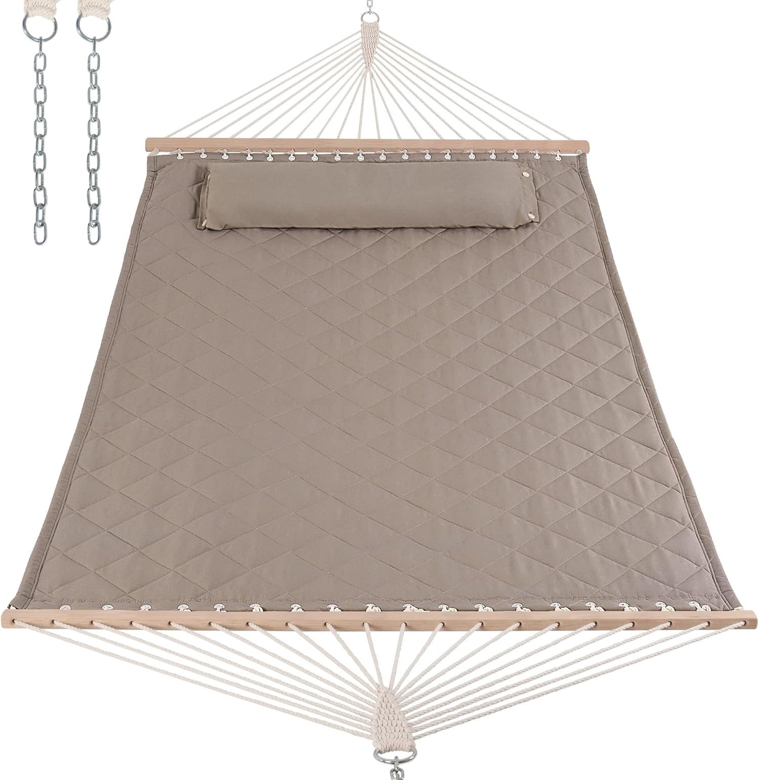Double Hammock with Spreader Bars and Detachable Pillow, 2 Person Hammock for Outside, 450 LBS Weight Capacity, Light Brown