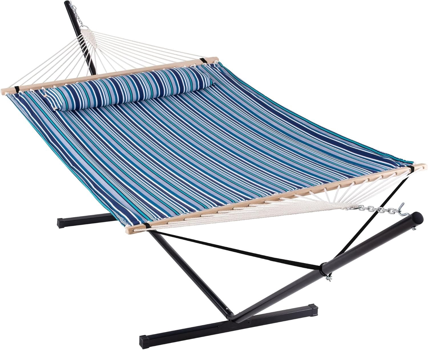 Double Hammock with Stand 12FT, Heavy Duty Hammock with Stand for Outdoors, 450 LBS Weight Capacity, Blue Stripes