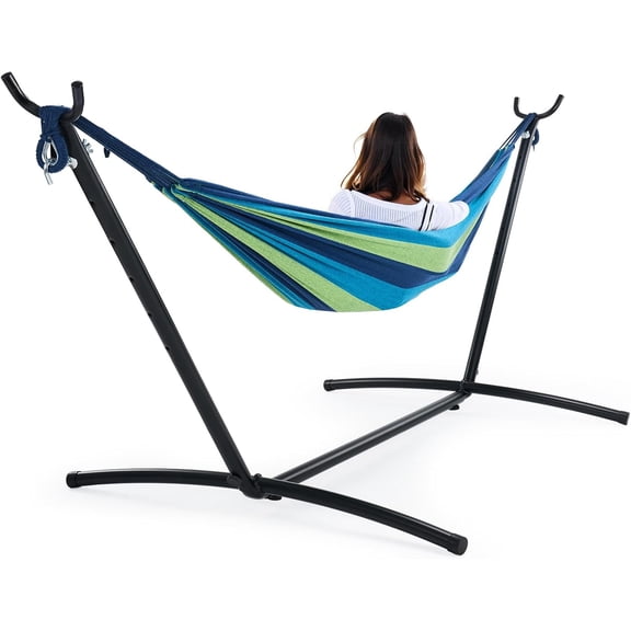 Double Hammock with Stand, 450 LBS Heavy Duty Hammock with Bag, Saving Steel Stand for Outside Garden Yard, Blue