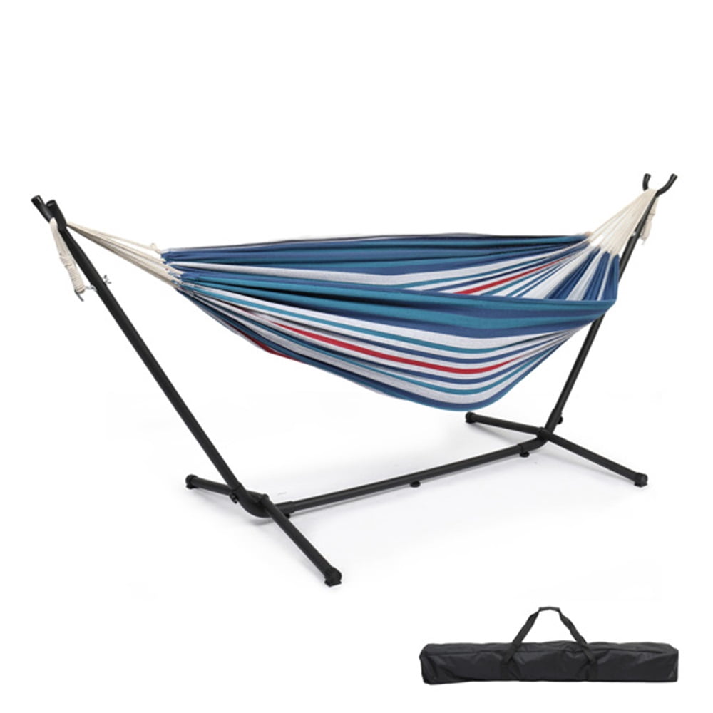 Double Hammock with Stand, Heavy Duty 2-Person Hammock for Outdoors & Indoors, Includes Portable Carrying Bag, Blue & Purple