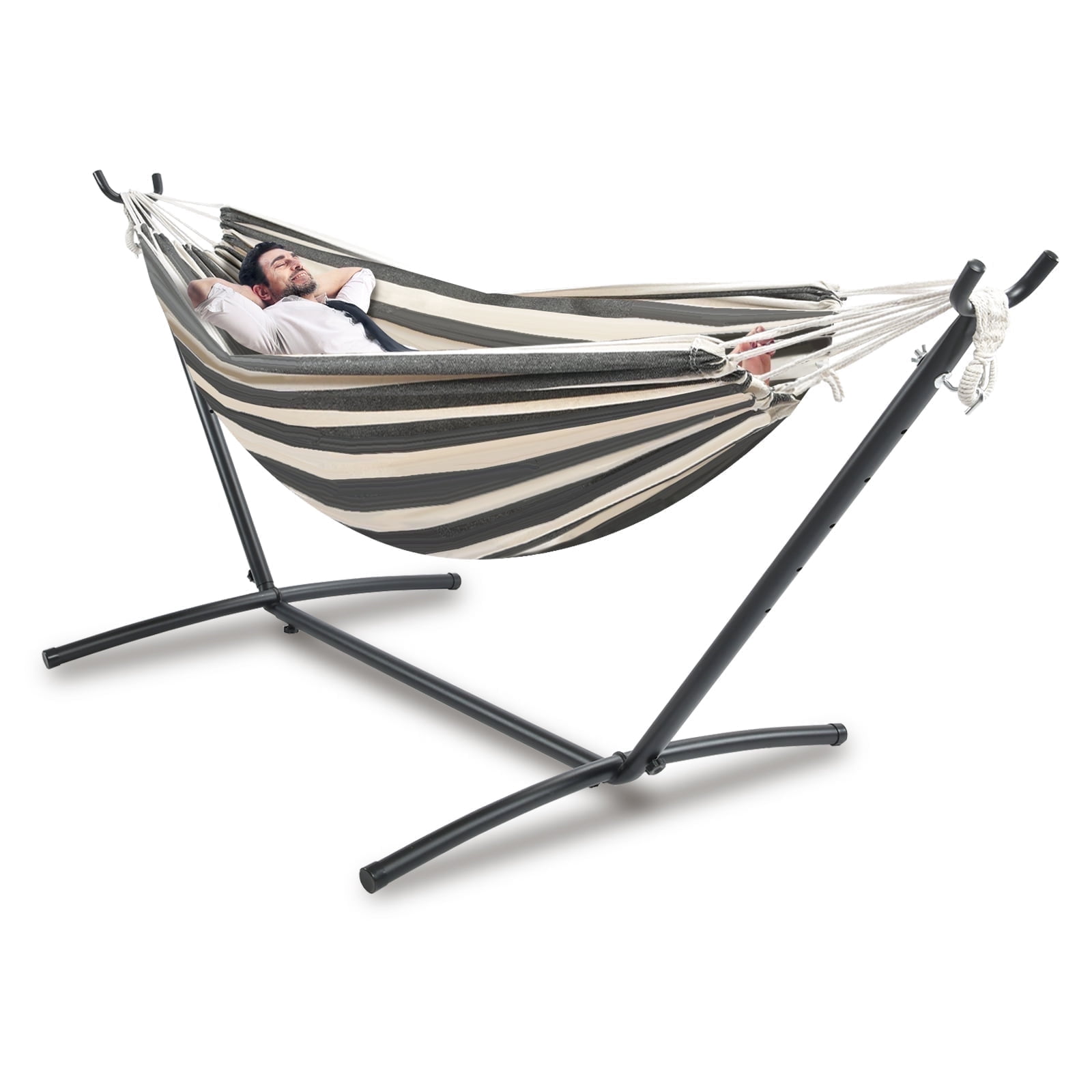 Double Hammock with Stand Sturdy 440lbs Capacity Hammock for Camping Outside Garden Outdoor Indoor Patio Backyard, Black White