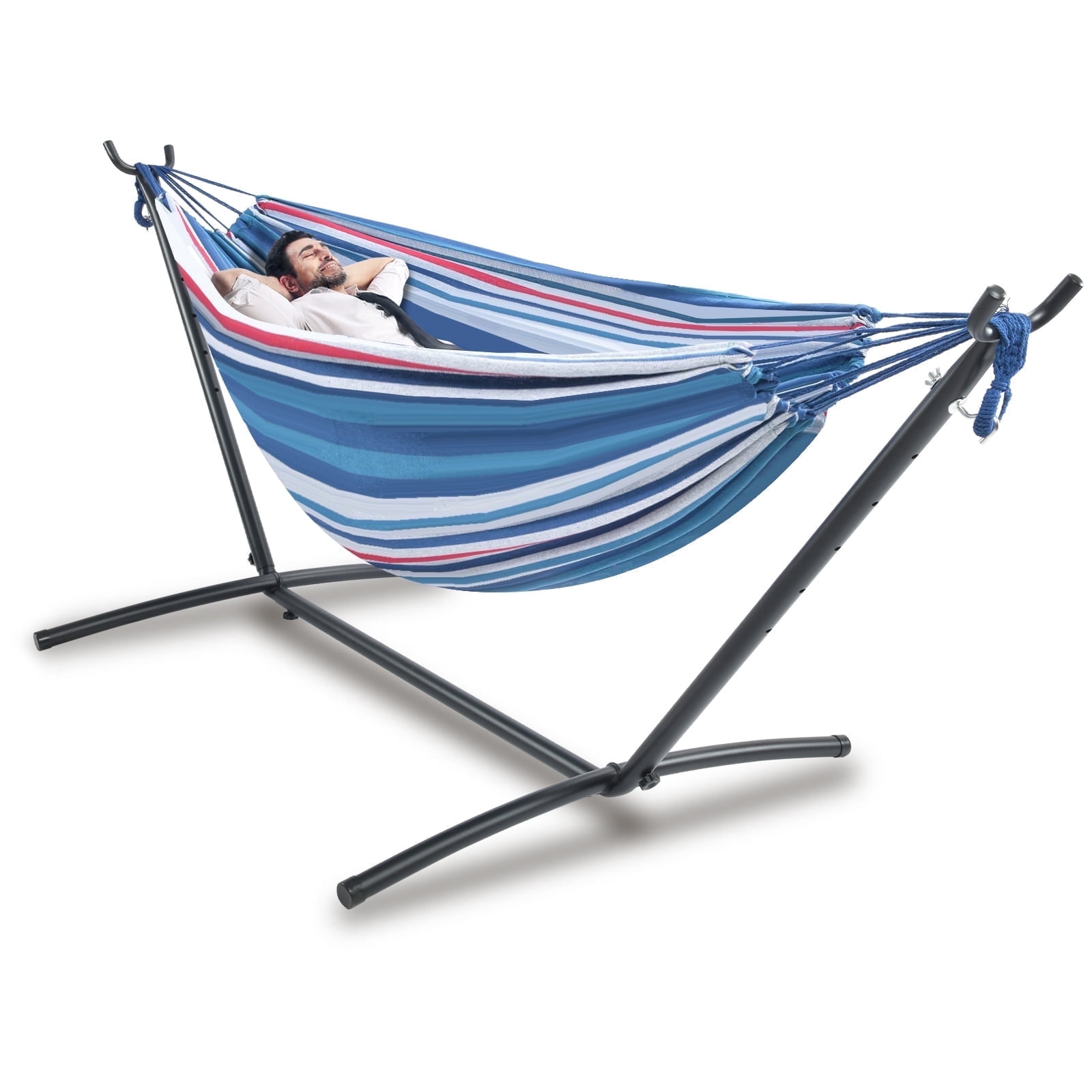 Double Hammock with Stand Sturdy 440lbs Capacity Hammock for Camping Outside Garden Outdoor Indoor Patio Backyard, Blue