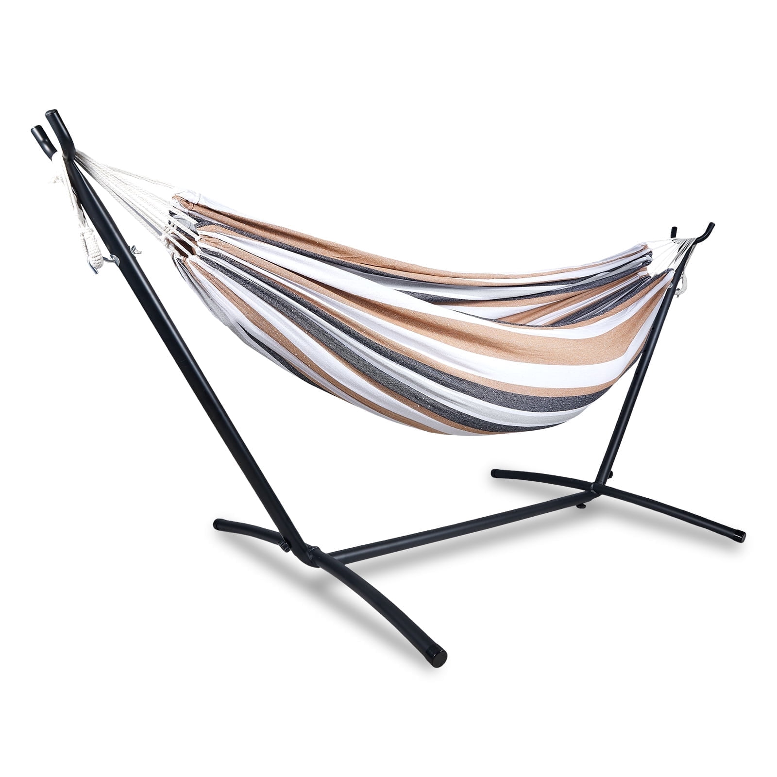 Double Hammock with Stand Sturdy 440lbs Capacity Hammock for Camping Outside Garden Outdoor Indoor Patio Backyard, Brown