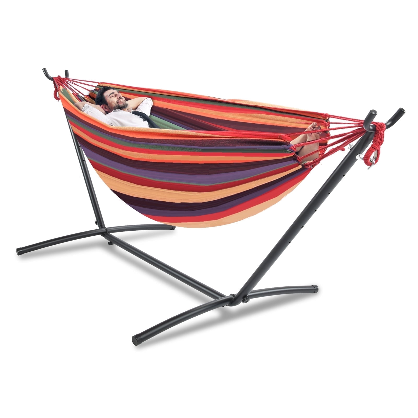 Double Hammock with Stand Sturdy 440lbs Capacity Hammock for Camping Outside Garden Outdoor Indoor Patio Backyard, Rainbow