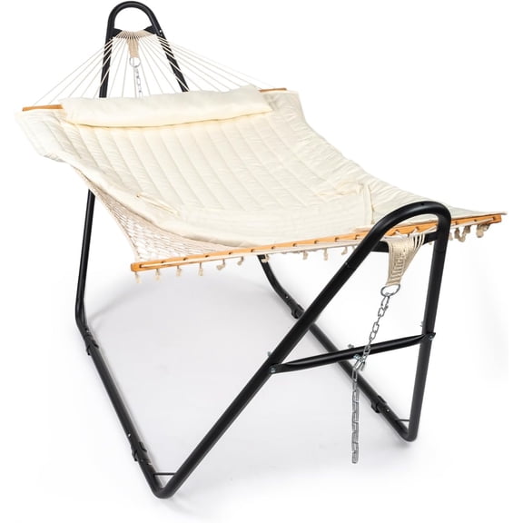 Double Hammock with Stand for Outside, Rope Hammock with Pillow and Pad, Heavy Duty Hammock Set for Backyard, 550 LBS (White)