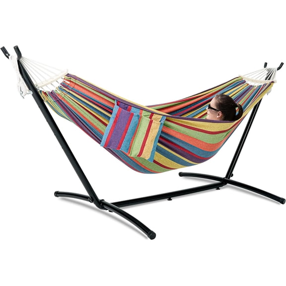 Double Hammock with Steel Stand, 600 lbs Capacity, Two Person, Side Pockets, Indoor Outdoor Use, Classic Red