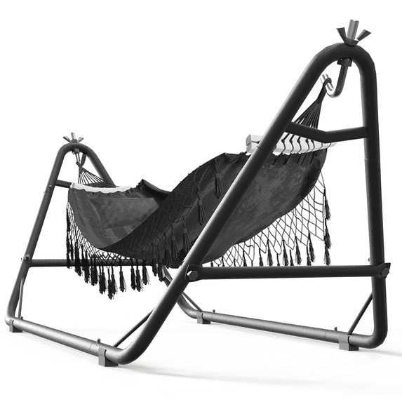 Yacona Hammock with Stand for Outside, Heavy Duty Steel Hammocks with Pillow for Backyard, Porch, Patio, Garden, Black