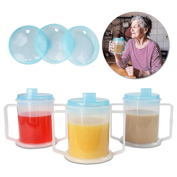 Double Handle Adult Sippy Cups for Elderly Assistance - 3pk 12oz Clear with Lids and Spouts