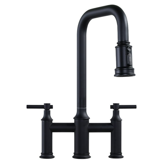 Double Handle Bridge Kitchen Faucet with Advanced Spray in Black