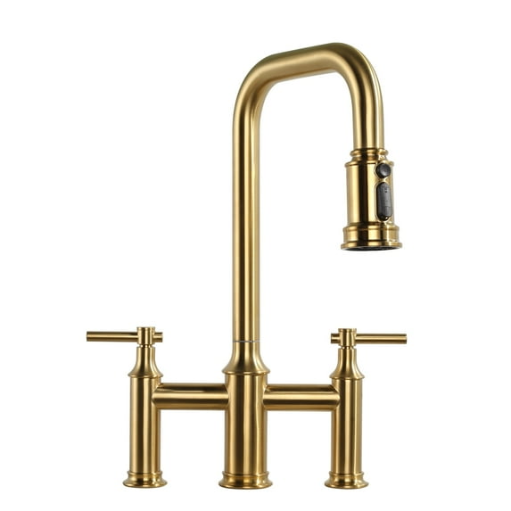 Double Handle Bridge Kitchen Faucet with Advanced Spray in Gold