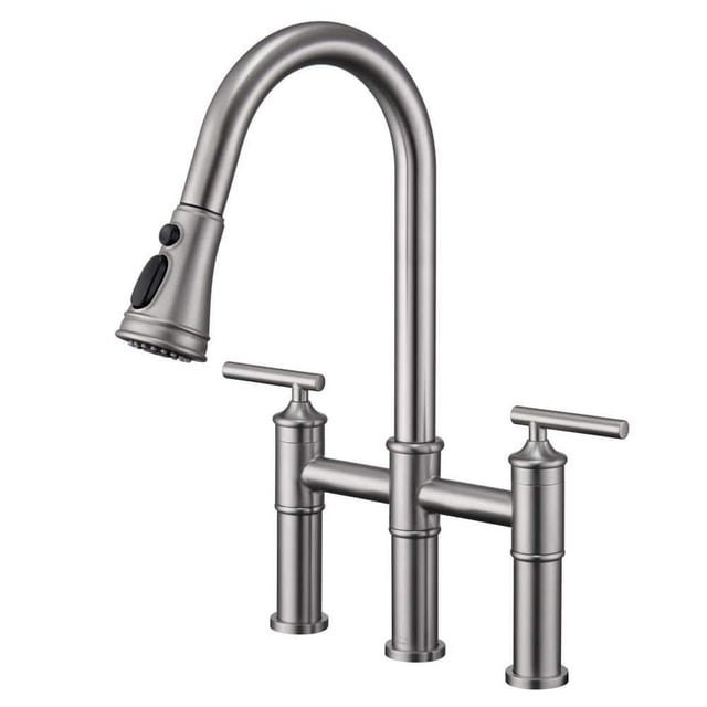 Double Handle Bridge PullDown Kitchen Faucet with 3Spray Patterns and