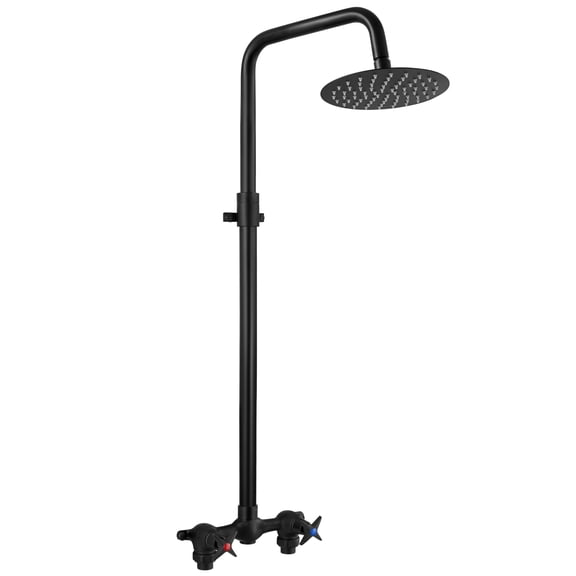Double Handle Exposed Outdoor Shower Kit, Matte Black, 8 Inch Rainfall Head Adjustable Height