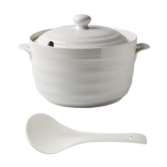 Double Handle Lid Pure White Ceramic Tureen Soup Ceramic Round White Dish Casserole/Clay Pot/Earthen Pot/Ceramic Cookware Heat-Resistant