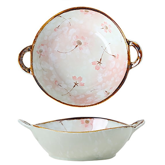 Double-Handle Pasta Bowl, Rustic Porcelain, Japanese Style, for Porridge, Ramen, Salad, Soup, and More, Underglaze Design,