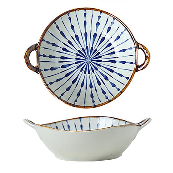 Double-Handle Pasta Bowl, Rustic Porcelain, Japanese Style, for Porridge, Ramen, Salad, Soup, and More, Underglaze Design,