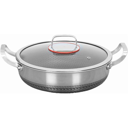 Double Handle Stainless Steel Hammered Pan with Lid , 28 cm Non Stick Frying Pan Pro Cookware for Cooking, Scratch-Resistant, Suitable for All Cooktops(A:28 CM)