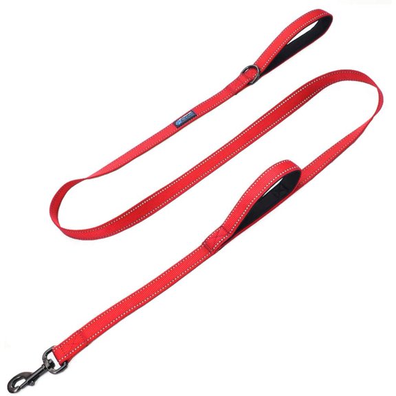 Double Handle Traffic Leash - Reflective, 6 FT (RED, Donates to Dog Rescue)