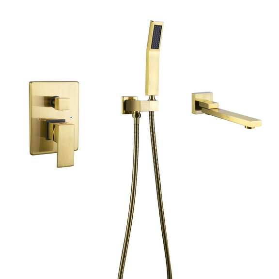 Double Handle Wall Mounted Bathroom Tub Filler with Hand Shower, Brass Matte Black Waterfall Bathtub Faucet, Brushed Gold