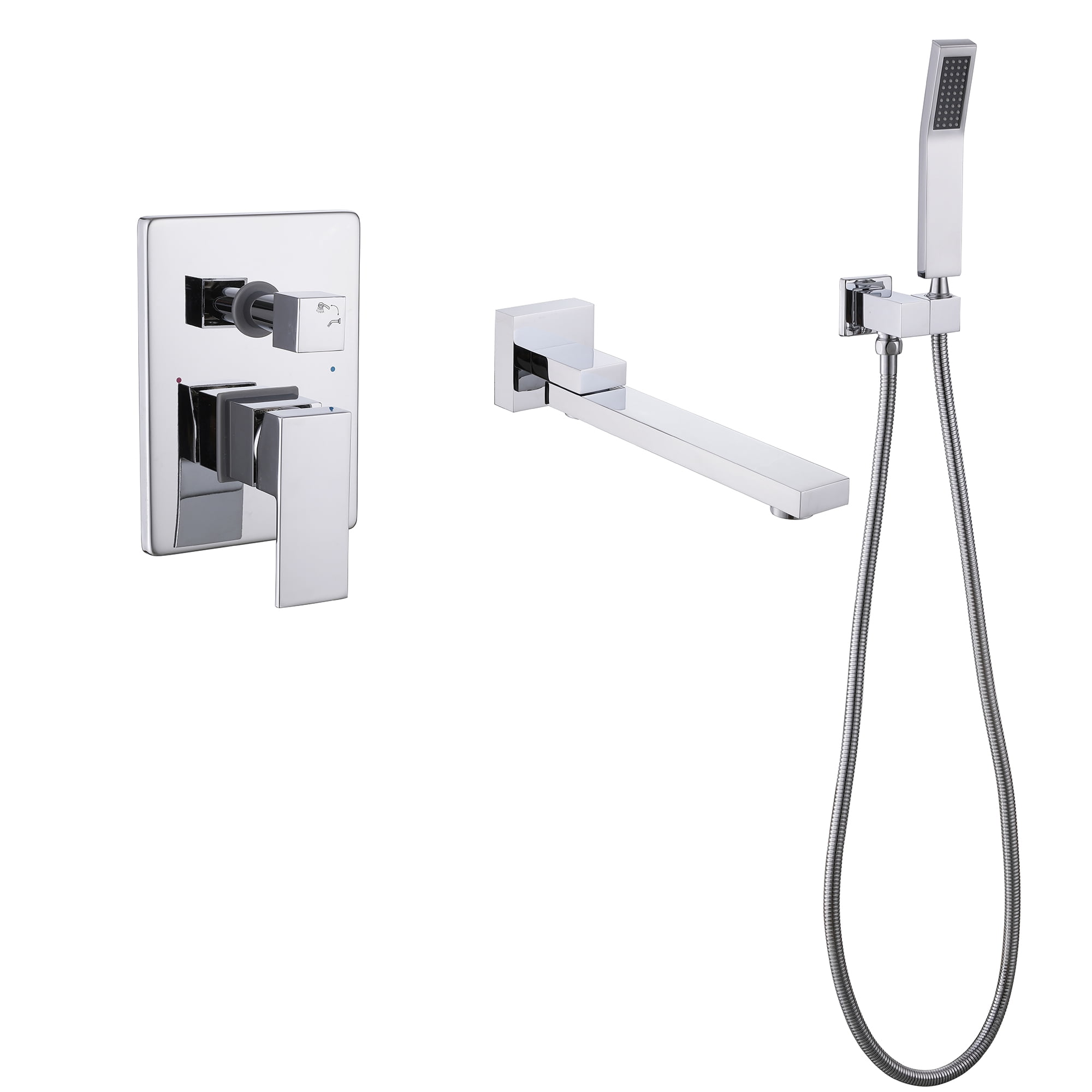 Double Handle Wall Mounted Bathroom Tub Filler with Hand Shower, Brass Matte Black Waterfall Bathtub Faucet, Brushed Gold