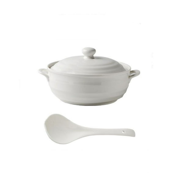 Double Handle White Ceramic Tureen Soup Ceramic Round White Dish Casserole/Clay Pot/Earthen Pot/Ceramic Cookware with Lid Heat-Resistant,1200ml