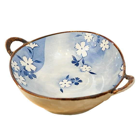 Double Handled Pasta Bowl | Rustic Japanese Porcelain Dinnerware | Ceramic Soup, Cereal, Ramen & Salad Bowl with Underglaze Print