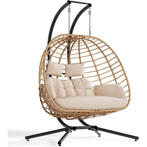 Double Hanging Egg Chair with Stand, Outdoor Patio 2 Person Wicker Hammock Swing Chairs with Cushion Loveseat for Indoor Bedroom, Lawn, Garden - Beige