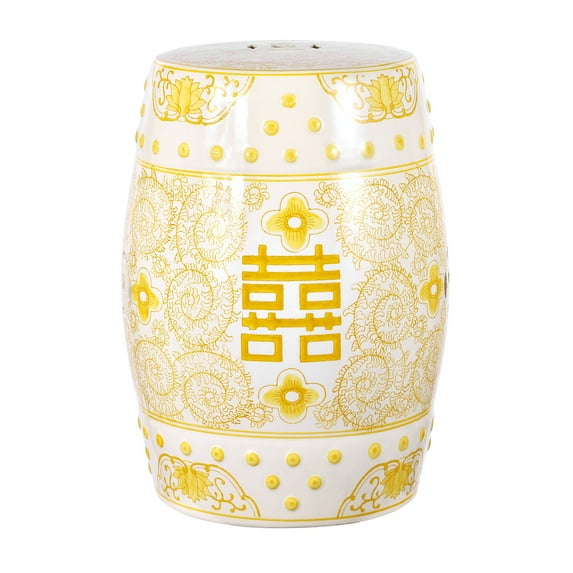 JONATHAN Y Double Happiness 18" Chinoiserie Ceramic Drum Garden Stool, Yellow/White