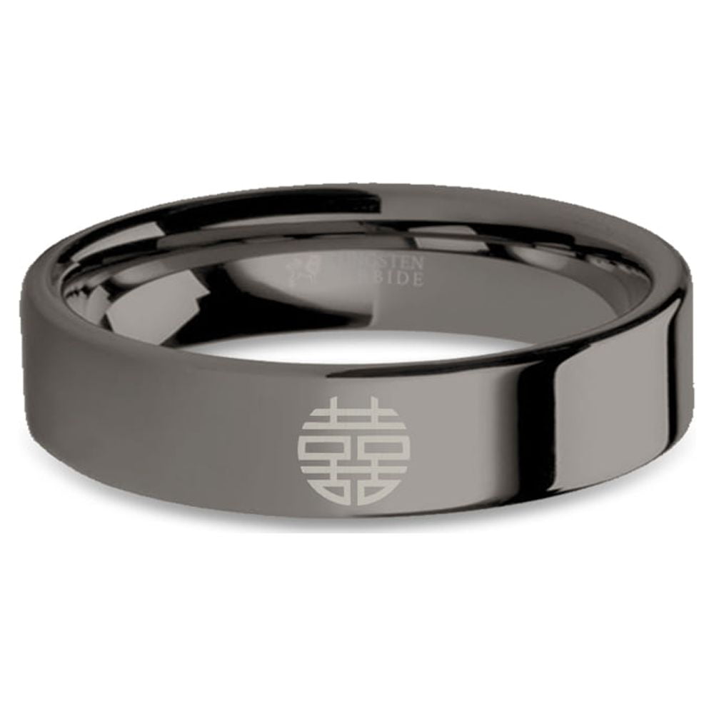 Double Happiness Chinese Symbol Engraved Gunmetal Tungsten Ring