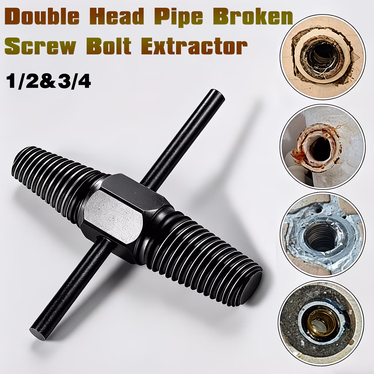 Double Head Broken Screw Extractor, Dual-Purpose Damaged Bolt Remover with Handle Stick, Fits 1/2" & 3/4" Rusty Pipe Screws, High Hardness Nut Extraction Tool