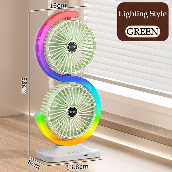 Double Head CirculatingDesktop Silent Miniwith Ambient Light, Rechargeable 1800mAh Battery, Adjustable Speeds, Portable USB TableBeige 33x16x8cm