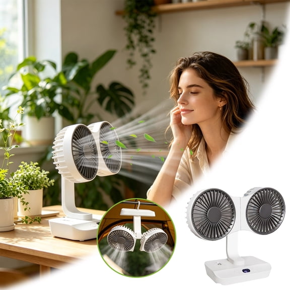 Double Head Desktop Oscillating Fan 360° Rotation, USB Rechargeable Battery Powered Portable Table Fan, Automatic Rotating Fan with 4 Gear Wind for Home Office, Small Appliances
