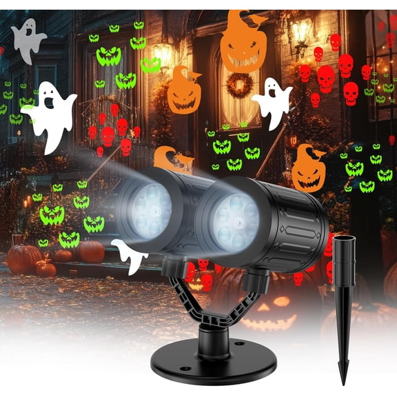 Double Head Halloween Projector Lights Outdoor with Timer,IP65 Waterproof Dynamic Halloween Ghost Skeleton Pumpkin Devil Face Lights for Home Window Wall Decor
