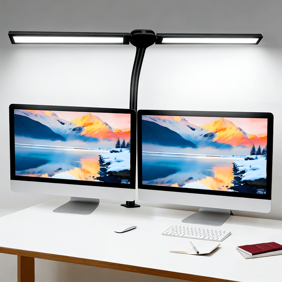 Double Head LED Desk Lamp with Clamp, Adjustable Gooseneck Desk Light, Eye-Caring Task Lamp with 4 Color Modes & 5 Brightness Levels for Office, Monitor, Study