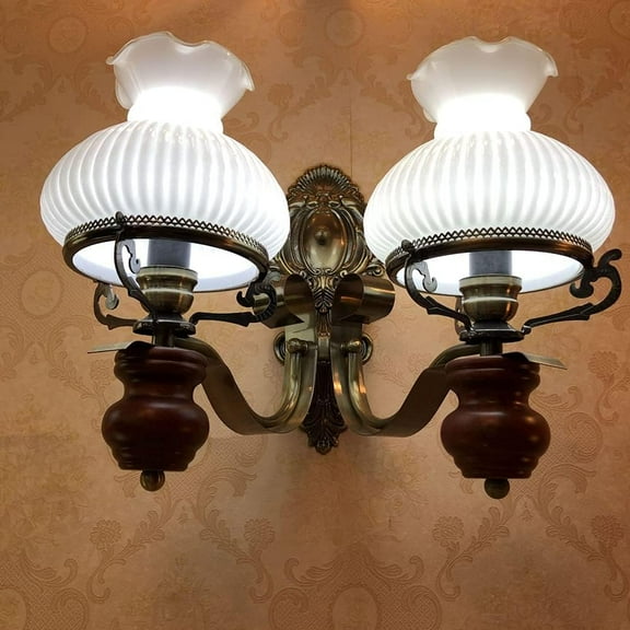 Double Head Milky White Stripe Glass Wall Lamp Classical Wall Light Solid Wood Bronze Corridor Lights Living Room Cafe Background Wall Lamps