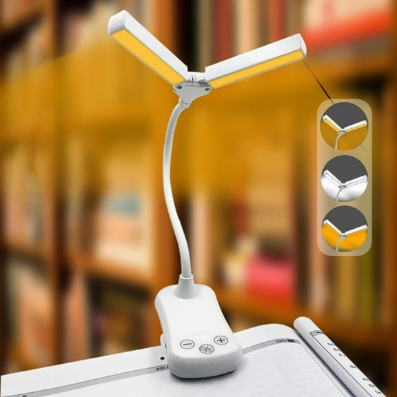 Double Head Rechargeable Clip On Book Light,3 Colors 8 Brightness Dimmable LED Reading Lamp,1000mAh Long Battery Life Eye Care Light for Bed Travel Bookworms