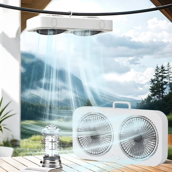 Double Head Two-Way Portable Fan Wall Mounted or Desktop, 3-Speed High Power Air Circulator for Home Office Camping, USB Rechargeable