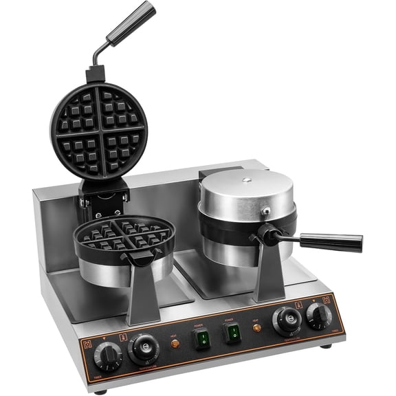 Double Head Waffle Maker Machine 110V 2600W Professional Belgian Waffle Iron Non-stick Round Waffle Maker for Bakeries, Restaurant, Snack Bar