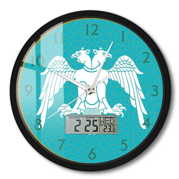 Double Headed Eagle Vintage Wall Clock with Perpetual Calendar Temperature,Medieval Style Silent Quartz Analog 12'' Metal Frame Clock Day Week LCD Display Gift for History Lover Home Decor