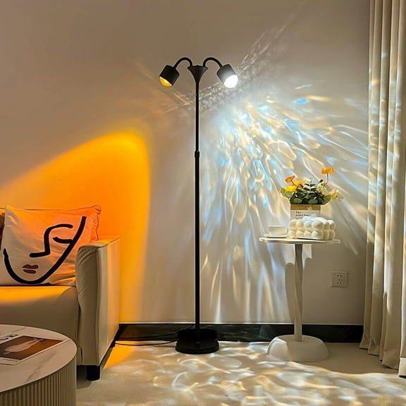 Double Headed RGB Ocean Wave Projector Lamp with 360 Rotation, 3D Ripple Effect Mood Light for Bedroom, Living Room, and Party Decor, Modern Metal Stand with Customizable Colors