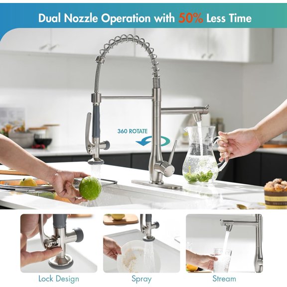 Double-Headed Stainless Steel Kitchen Faucet with Deck Plate – On Sale, Commercial-Grade, High Pressure & Easy Install, Ideal for Home Cooks & Modern Kitchens